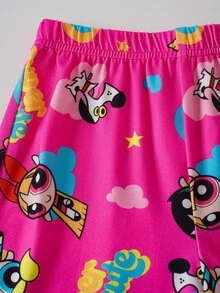 THE POWERPUFF GIRLS X SHEIN 2pcs/Set Fun Casual Style Young Girl Home Wear Round Neck Cartoon Print Short Sleeve T-Shirt And Shorts Comfortable Two Pieces Set - Pink - View 5
