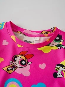 THE POWERPUFF GIRLS X SHEIN 2pcs/Set Fun Casual Style Young Girl Home Wear Round Neck Cartoon Print Short Sleeve T-Shirt And Shorts Comfortable Two Pieces Set - Pink - View 4