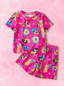 THE POWERPUFF GIRLS X SHEIN 2pcs/Set Fun Casual Style Young Girl Home Wear Round Neck Cartoon Print Short Sleeve T-Shirt And Shorts Comfortable Two Pieces Set - Pink - View 1