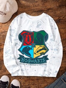 HARRY POTTER X SHEIN Tween Boy Casual Academy Badge Print Round Neck Long Sleeve T-Shirt, Autumn - Multicolor - View 1