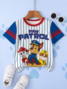 SHEIN | PAW Patrol Young Boy Summer Casual Colorblock Striped Dog Print Round Neck Short Sleeve T-Shirt - White - View 1