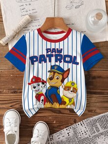 SHEIN | PAW Patrol Young Boy Summer Casual Colorblock Striped Dog Print Round Neck Short Sleeve T-Shirt - White - View 3