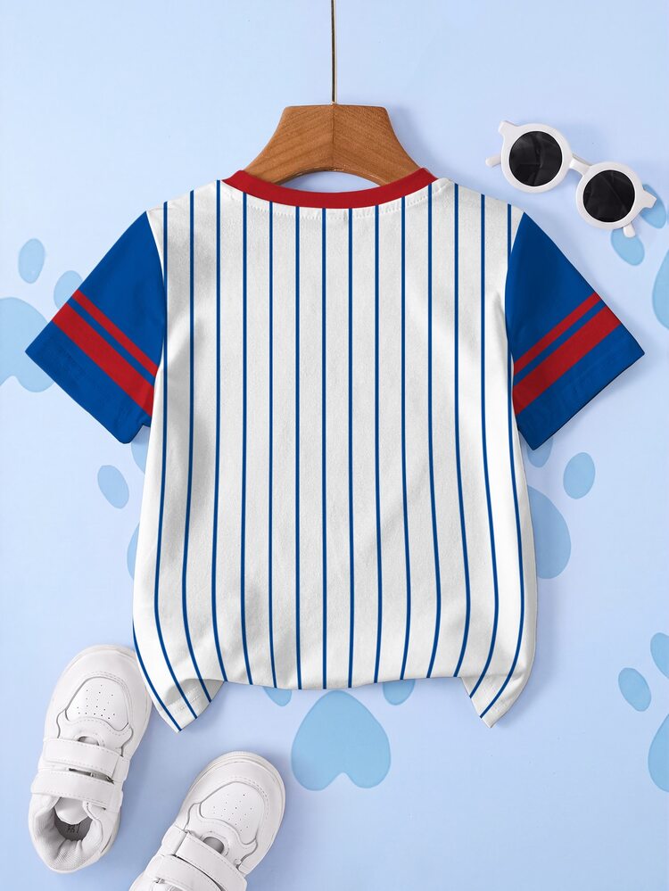 SHEIN | PAW Patrol Young Boy Summer Casual Colorblock Striped Dog Print Round Neck Short Sleeve T-Shirt - White - View 2