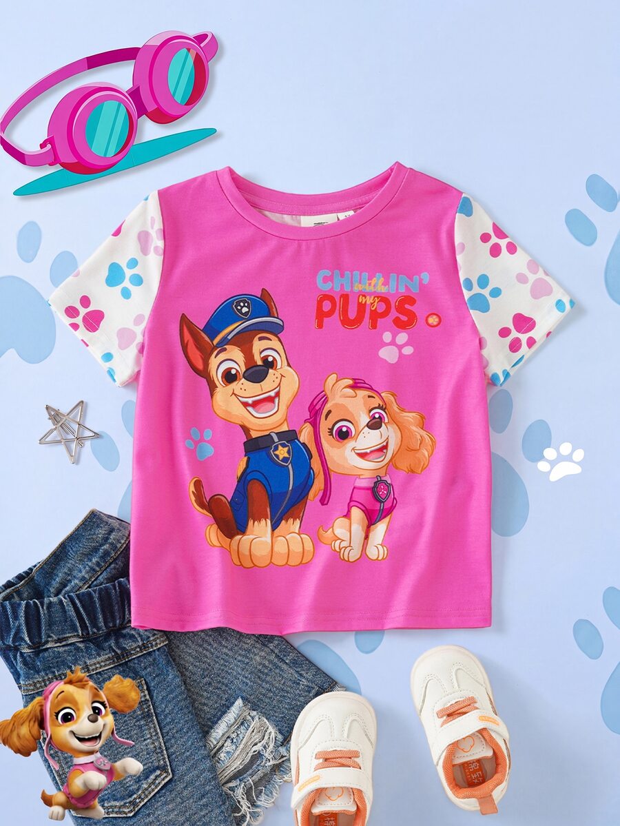 SHEIN | PAW Patrol 小女孩狗狗爪印图案圆领短袖可爱T恤 - 粉色 - 查看 1