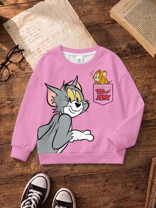 TOM & JERRY X SHEIN Young Girl Autumn Casual Cartoon Print Sweatshirt - White - View 3