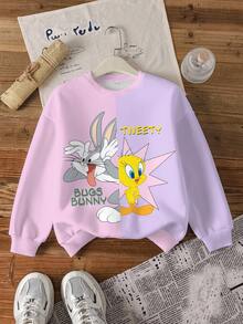 LOONEY TUNES X SHEIN Tween Girl Autumn/Winter Casual Colorblock Patchwork Cartoon Print Sweatshirt - White - View 3