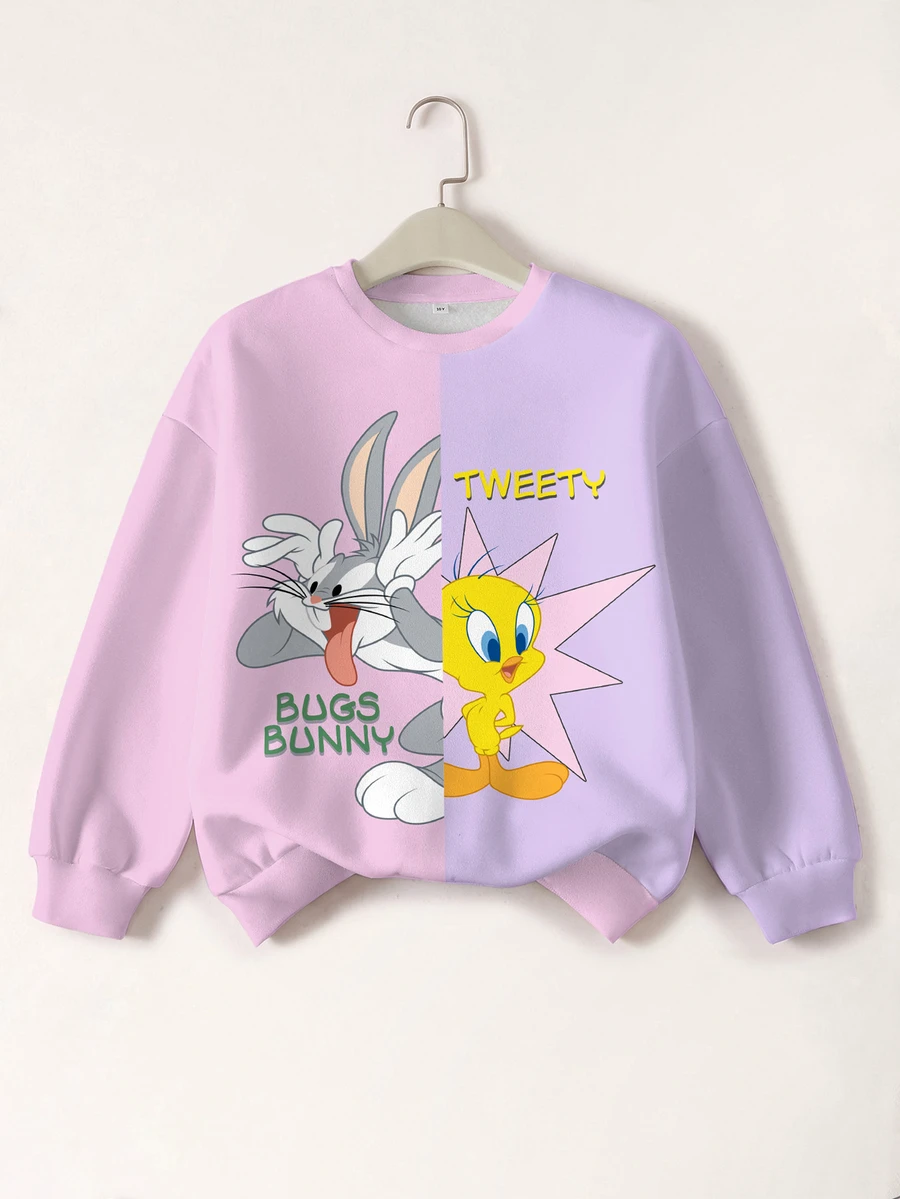 LOONEY TUNES X SHEIN Tween Girl Autumn/Winter Casual Colorblock Patchwork Cartoon Print Sweatshirt - White - View 1
