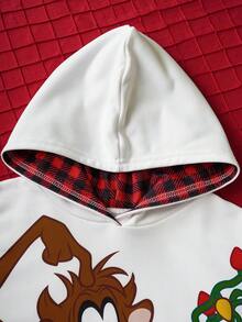 LOONEY TUNES X SHEIN Tween Boy Casual Christmas Funny Cute Cartoon Print Drop Shoulder Loose Lined Plaid Hooded Sweatshirt Fall Winter - Multicolor - View 4