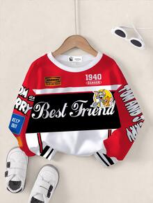 TOM & JERRY X SHEIN Young Boy Colorblock Letter And Cartoon Graphic Crew Neck Long Sleeve Sweatshirt Fall Winter - White - View 1