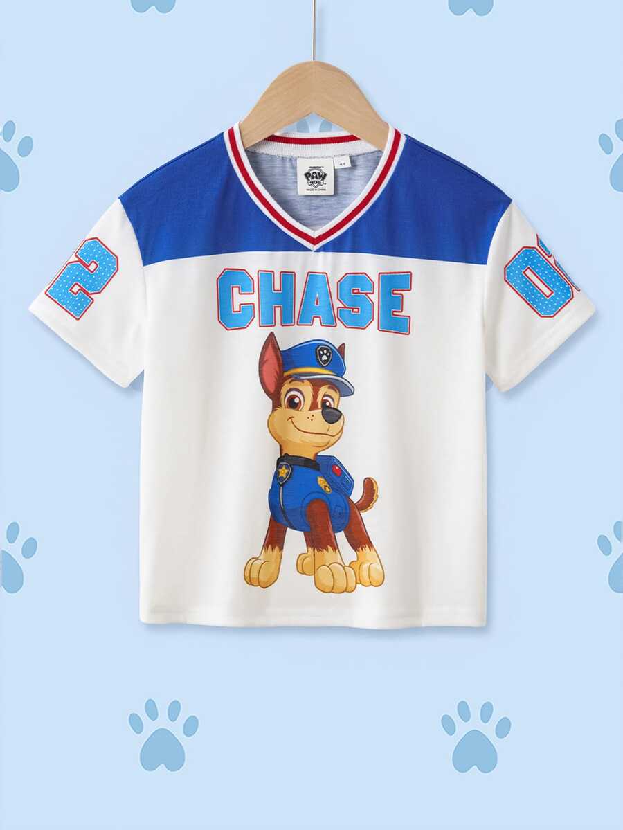 SHEIN | PAW Patrol 2件套 男童休闲撞色字母和狗狗印花V领短袖舒适运动T恤 - 彩色 - 查看 1