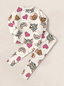 TOM & JERRY X SHEIN 女童秋季休閒卡通愛心印花衛衣與內搭褲套裝 - 白色 - 查看 2