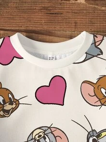 TOM & JERRY X SHEIN 女童秋季休閒卡通愛心印花衛衣與內搭褲套裝 - 白色 - 查看 4