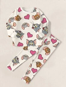 TOM & JERRY X SHEIN 女童秋季休閒卡通愛心印花衛衣與內搭褲套裝 - 白色 - 查看 1