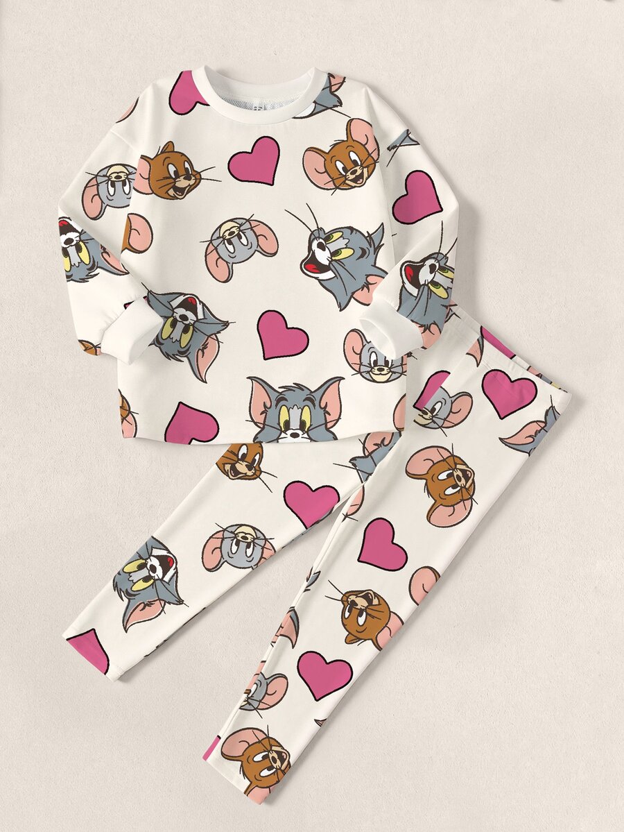 TOM & JERRY X SHEIN 女童秋季休閒卡通愛心印花衛衣與內搭褲套裝 - 白色 - 查看 1