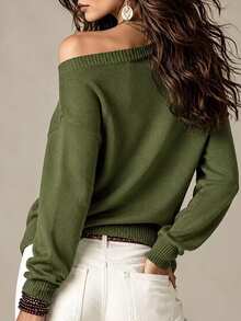 Trelyra Atasan Rajut Wanita Kasual Gaya Boho Warna Polos, Warna Hijau Zaitun untuk Makan Siang Musim Gugur/Dingin - Olive Green - View 2