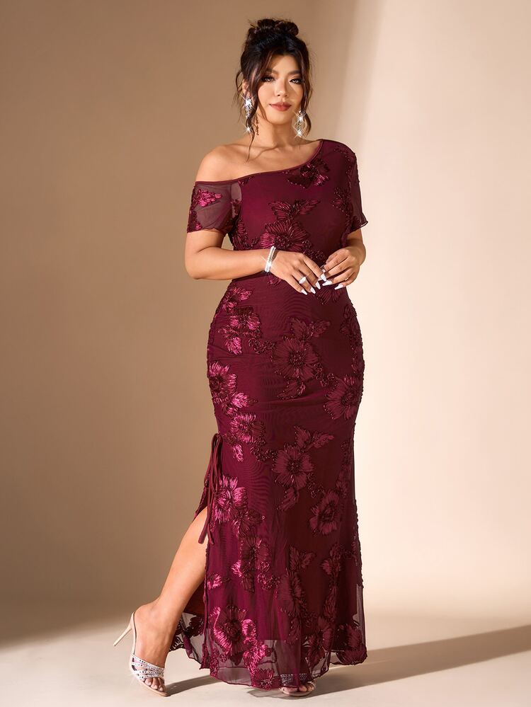 Cravure Plus Size Burgundy 3D Floral Mermaid Maxi Dress, Elegant Summer One Shoulder Mesh Drawstring Formal Wedding Gown, Women Guest Cocktail Party
