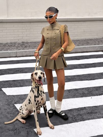 Muchica Women's Woven Set Napoleon-Style Stand-Collar Top Mini Skirt Buttons Streetwear Elegant Casual Luxury Date Khaki Summer Black And Gold