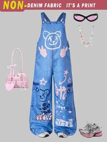 SHEIN ChillGRL Teen Girl Printed Rivet Decor Loose Bib Pants Overalls Girl - Multicolor - View 3