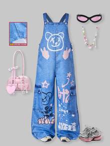 SHEIN ChillGRL Teen Girl Printed Rivet Decor Loose Bib Pants Overalls Girl - Multicolor - View 1