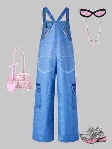 SHEIN ChillGRL Teen Girl Printed Rivet Decor Loose Bib Pants Overalls Girl - Multicolor - View 2