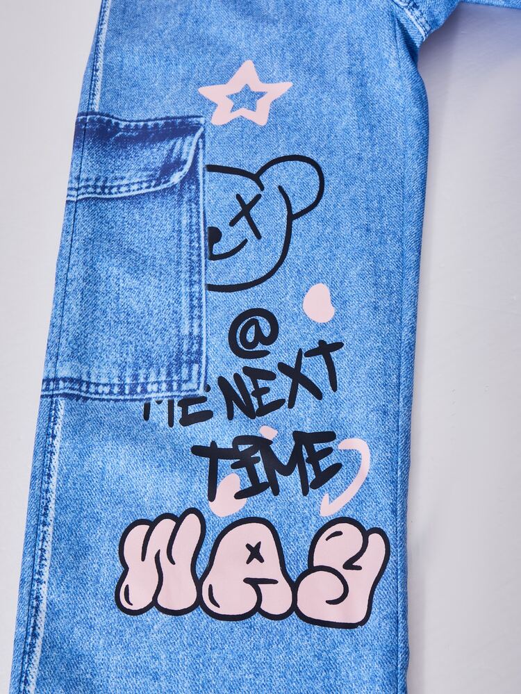 SHEIN ChillGRL Teen Girl Printed Rivet Decor Loose Bib Pants Overalls Girl - Multicolor - View 5