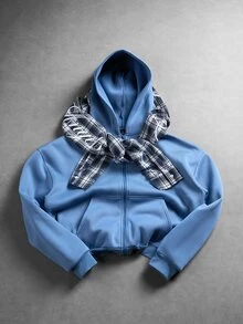 PAVTROS Men's Autumn & Winter Zip‑Up Hoodie, Plaid Double‑Layer Hood Design, Letter Print Accents, Perfect Millennium‑Theme Gift For Halloween & Christmas - Multicolor - View 3