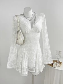 Elamini Lady's Lace Dress With Deep V Neck, Transparent Lace Fabric Sleeves, Y2K Style, White, Long Sleeves. - White - View 3