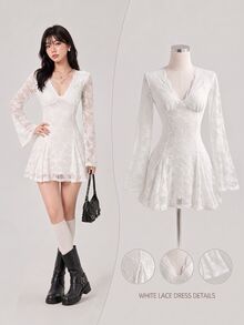 Elamini Lady's Lace Dress With Deep V Neck, Transparent Lace Fabric Sleeves, Y2K Style, White, Long Sleeves. - White - View 1