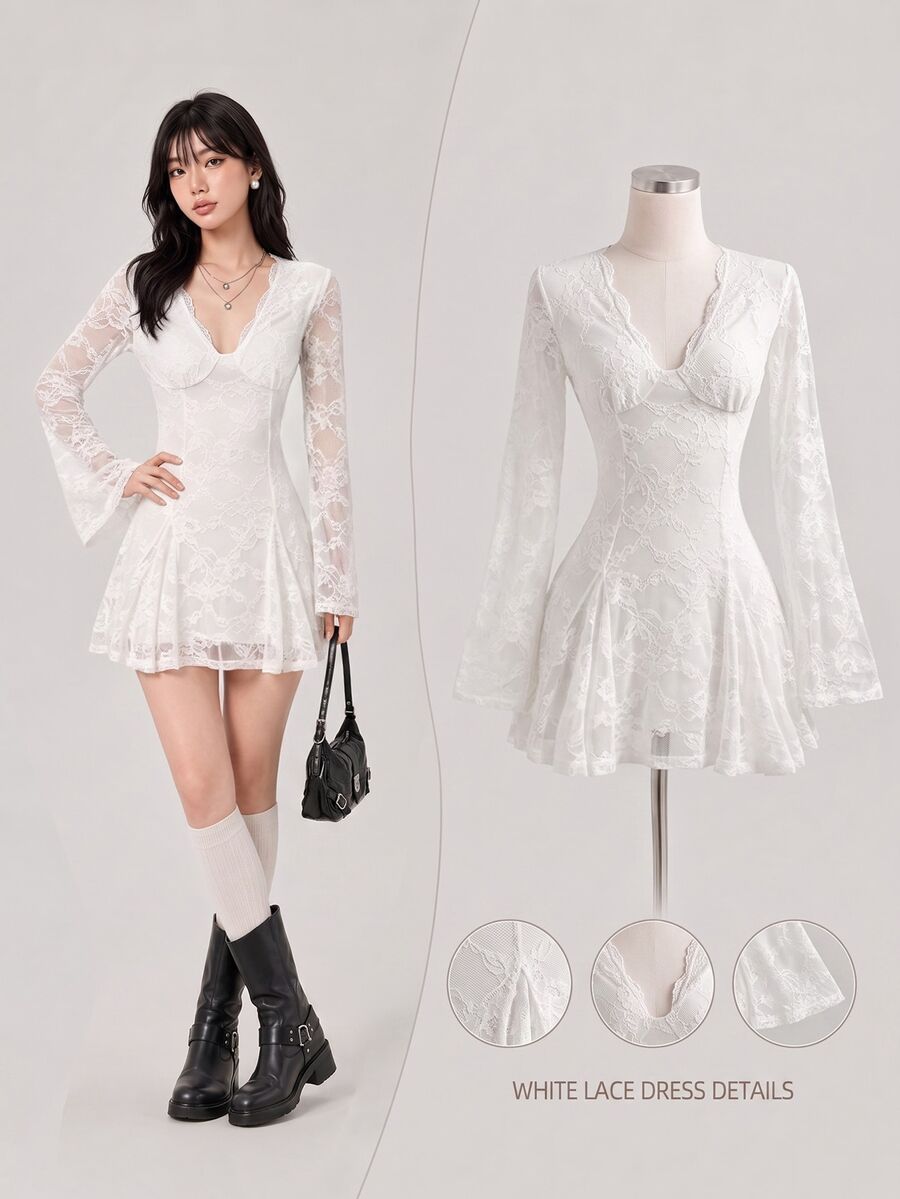 Elamini Lady's Lace Dress With Deep V Neck, Transparent Lace Fabric Sleeves, Y2K Style, White, Long Sleeves. - White - View 1