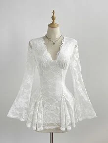 Elamini Lady's Lace Dress With Deep V Neck, Transparent Lace Fabric Sleeves, Y2K Style, White, Long Sleeves. - White - View 5