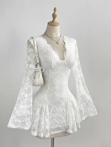Elamini Lady's Lace Dress With Deep V Neck, Transparent Lace Fabric Sleeves, Y2K Style, White, Long Sleeves. - White - View 4