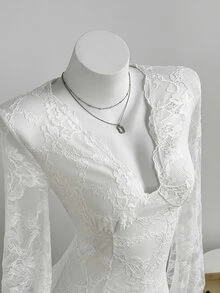 Elamini Lady's Lace Dress With Deep V Neck, Transparent Lace Fabric Sleeves, Y2K Style, White, Long Sleeves. - White - View 6