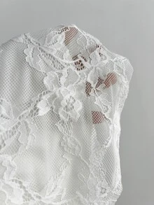 Elamini Lady's Lace Dress With Deep V Neck, Transparent Lace Fabric Sleeves, Y2K Style, White, Long Sleeves. - White - View 7