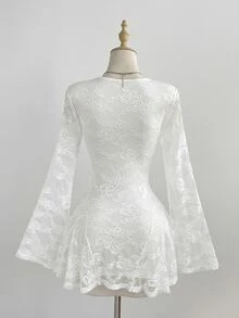 Elamini Lady's Lace Dress With Deep V Neck, Transparent Lace Fabric Sleeves, Y2K Style, White, Long Sleeves. - White - View 2