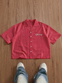 SWAVVY Men's Versatile Plaid Embroidered Single-Breasted Short Sleeve Shirt - Red - View 3