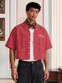 SWAVVY Men's Versatile Plaid Embroidered Single-Breasted Short Sleeve Shirt - Red - View 1