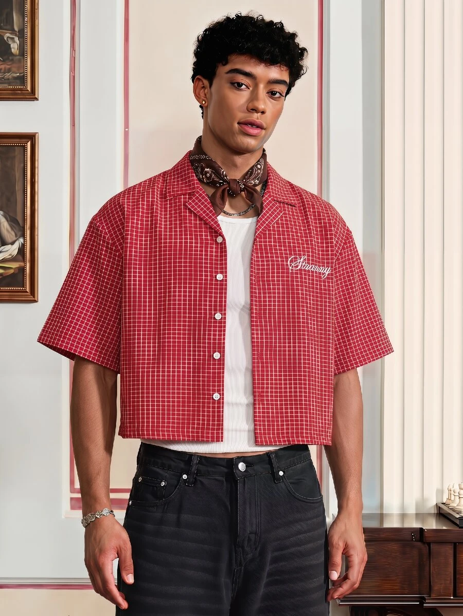 SWAVVY Men's Versatile Plaid Embroidered Single-Breasted Short Sleeve Shirt - Red - View 1