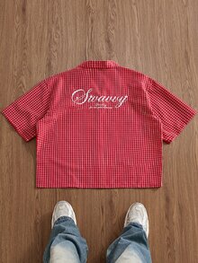 SWAVVY Men's Versatile Plaid Embroidered Single-Breasted Short Sleeve Shirt - Red - View 2