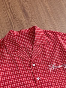 SWAVVY Men's Versatile Plaid Embroidered Single-Breasted Short Sleeve Shirt - Red - View 6