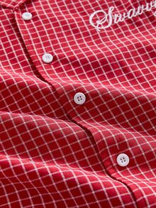 SWAVVY Men's Versatile Plaid Embroidered Single-Breasted Short Sleeve Shirt - Red - View 5