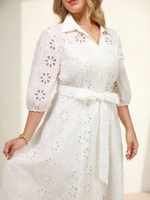 Momelise Plus Size Women Elegant Solid Color V-Neck Hollow Embroidery Lantern Sleeve, Cardigan With Button Tie Waist Long Dress Fall - White - View 4