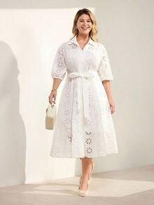 Momelise Plus Size Women Elegant Solid Color V-Neck Hollow Embroidery Lantern Sleeve, Cardigan With Button Tie Waist Long Dress Fall - White - View 5