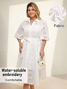 Momelise Plus Size Women Elegant Solid Color V-Neck Hollow Embroidery Lantern Sleeve, Cardigan With Button Tie Waist Long Dress Fall - White - View 1