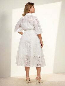 Momelise Plus Size Women Elegant Solid Color V-Neck Hollow Embroidery Lantern Sleeve, Cardigan With Button Tie Waist Long Dress Fall - White - View 2