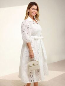 Momelise Plus Size Women Elegant Solid Color V-Neck Hollow Embroidery Lantern Sleeve, Cardigan With Button Tie Waist Long Dress Fall - White - View 6