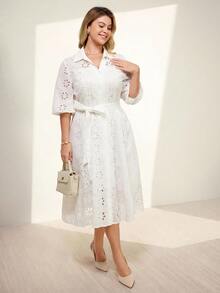 Momelise Plus Size Women Elegant Solid Color V-Neck Hollow Embroidery Lantern Sleeve, Cardigan With Button Tie Waist Long Dress Fall - White - View 3
