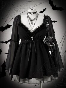 Sunspun Plus Size Chiffon V-Neck Cinched Waist Flare Sleeve Blouse Fall - Black - View 1