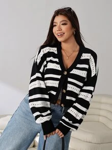 Solflare Cardigan de punto de manga larga con botones y calado de color contrastante para mujer talla grande otoño/invierno - Multicolor - Ver 6