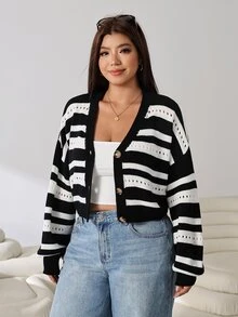 Solflare Cardigan de punto de manga larga con botones y calado de color contrastante para mujer talla grande otoño/invierno - Multicolor - Ver 7