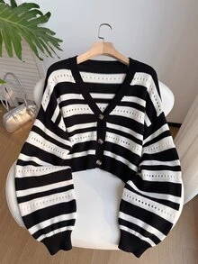 Solflare Cardigan de punto de manga larga con botones y calado de color contrastante para mujer talla grande otoño/invierno - Multicolor - Ver 3